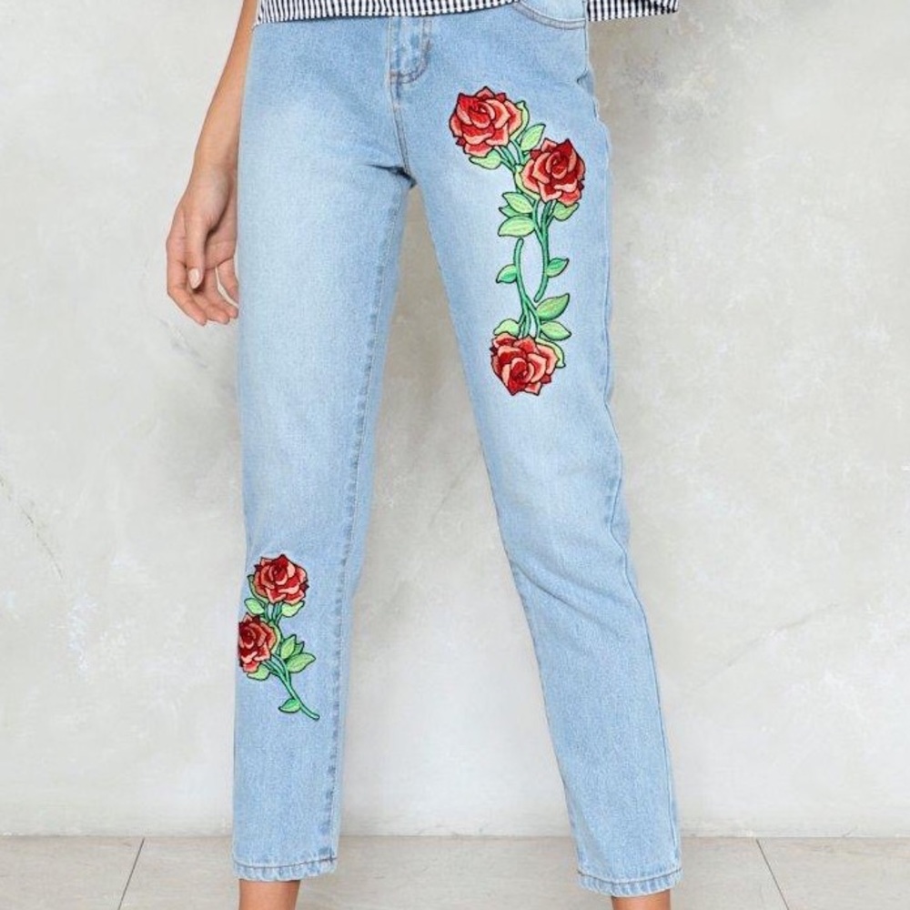 Life Rose On Embroidered Jeans